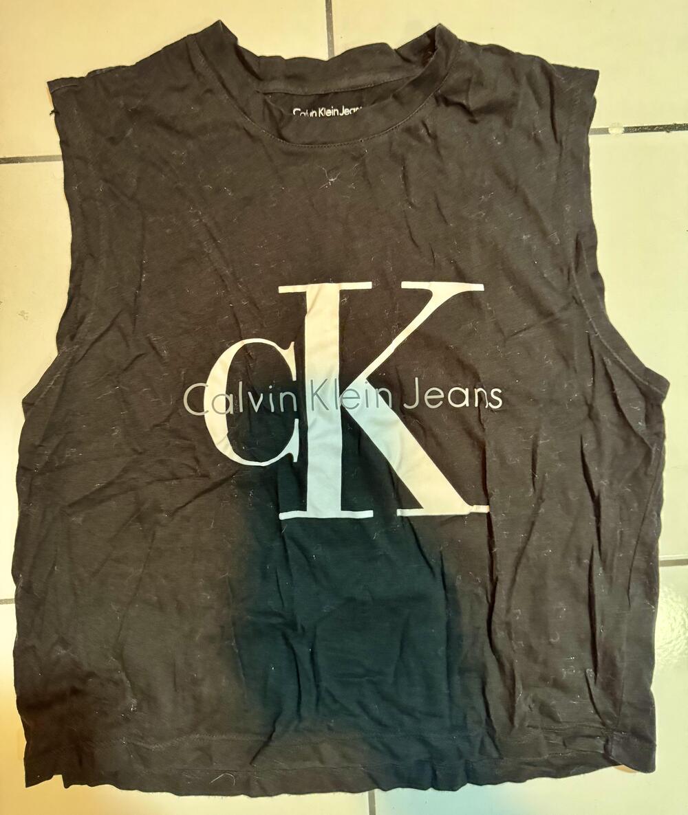 Calvin Klein Jeans Shirt Mens Medium Black CK Logo Graphic Sleeveless Cutoff Tee